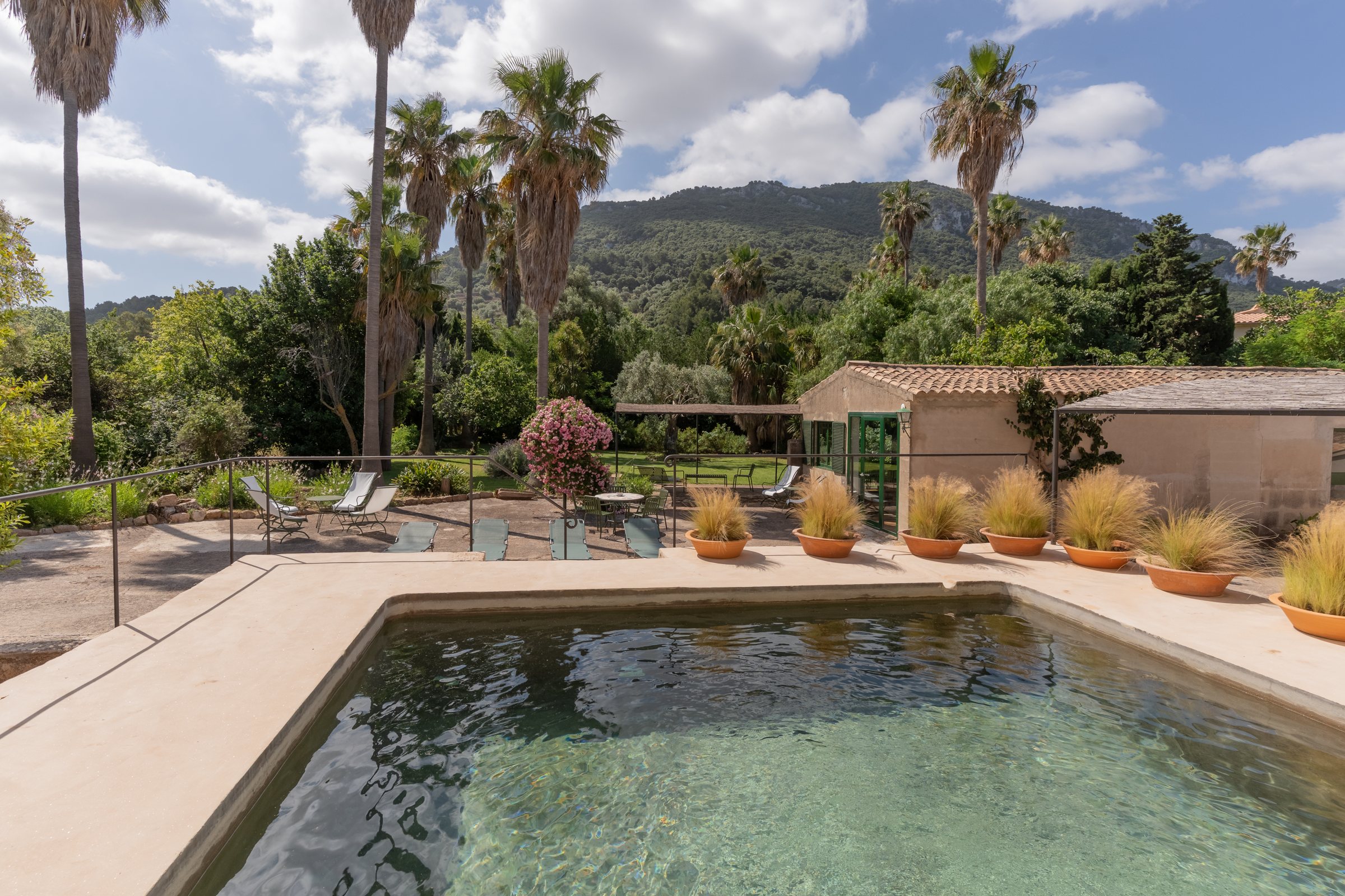 The historic safareig with the garden, palm trees and the mountain behind